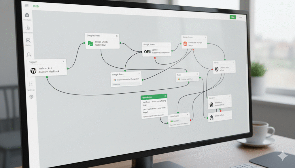 seo programmatique automatisé, workflow IA SEO, génération d’articles IA, automatisation contenu WordPress, Google Sheets idées articles, Make scénario automatisation, agent IA rédaction SEO, stack outils no code, monitoring Search Console SEO, méta title optimisé, méta description IA, maillage interne automatisé, données enrichies FAQ, KPI performance organique, courbe impressions Google, optimisation CTR SEO, netlinking sites de niche, calendrier éditorial automatisé, prompts IA spécialisés, test A/B titres SEO, alt text automatisé, plugin SEO WordPress, workflow multi sites niche, contenu longue traîne IA, génération FAQ automatique, rapport hebdomadaire SEO, data visualisation trafic, audit technique automatisé, IA playground OpenAI, monitoring conversions SEO, dashboard analytics contenu, base de données mots clés, rédaction assistée par IA, publication planifiée WordPress, contrôle qualité humain, température modèle IA, pénalité répétition tokens, architecture workflow SEO, thread mémoire conversation, pipeline production contenu, workflow SEO automatisé avec IA